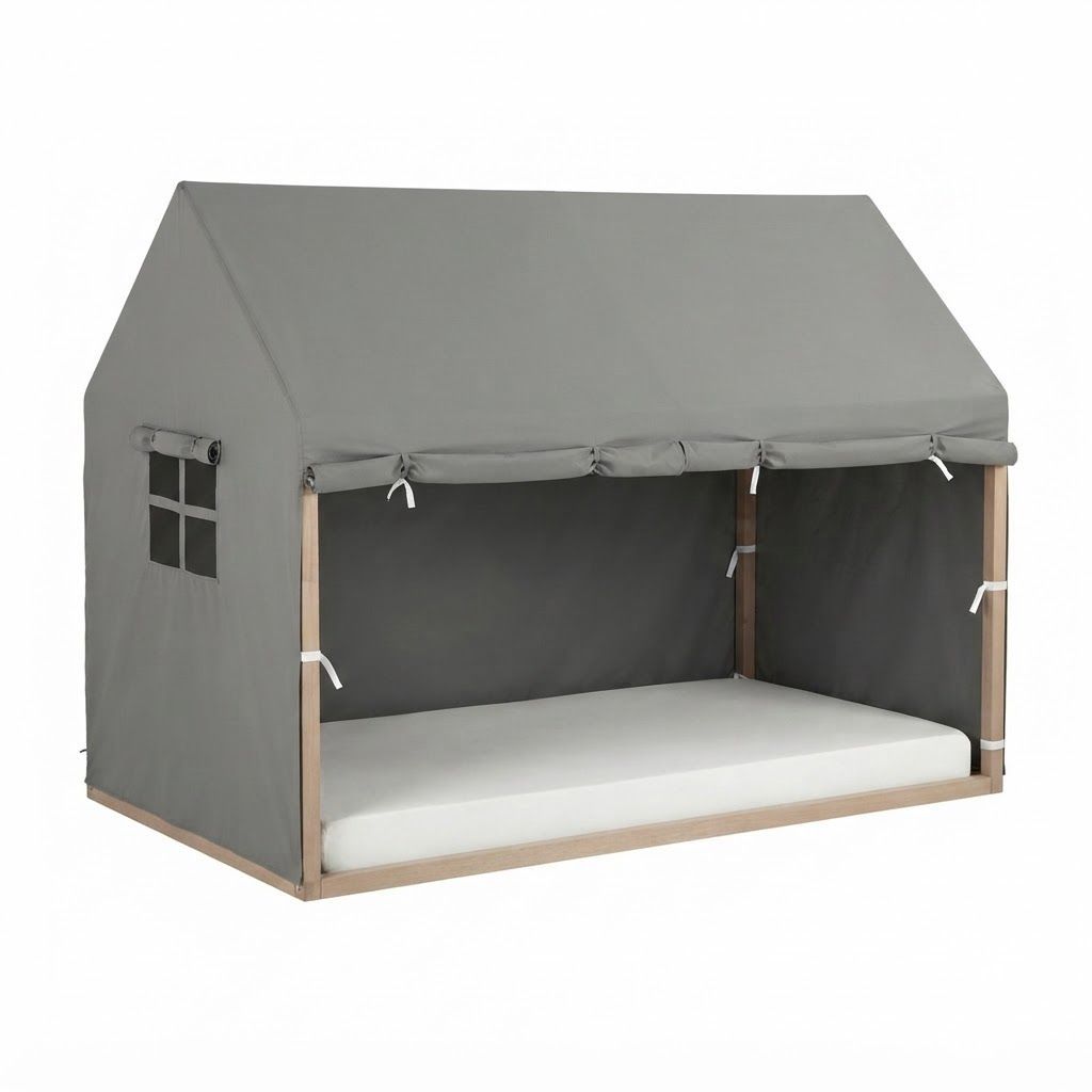 Childhome Bed Frame House Cover 90x200cm, Handy Windows, Roll-Up Sides, Very Easy To Attach - Anthracite