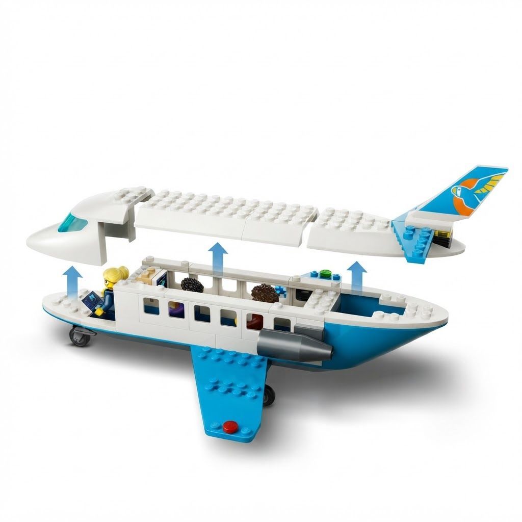 LEGO City Passenger Jet Building Set, Airplane Toy with 4 Minifigures and Airport 4+ years, Suitcases, wands, camera, mug, boarding pass, trolley