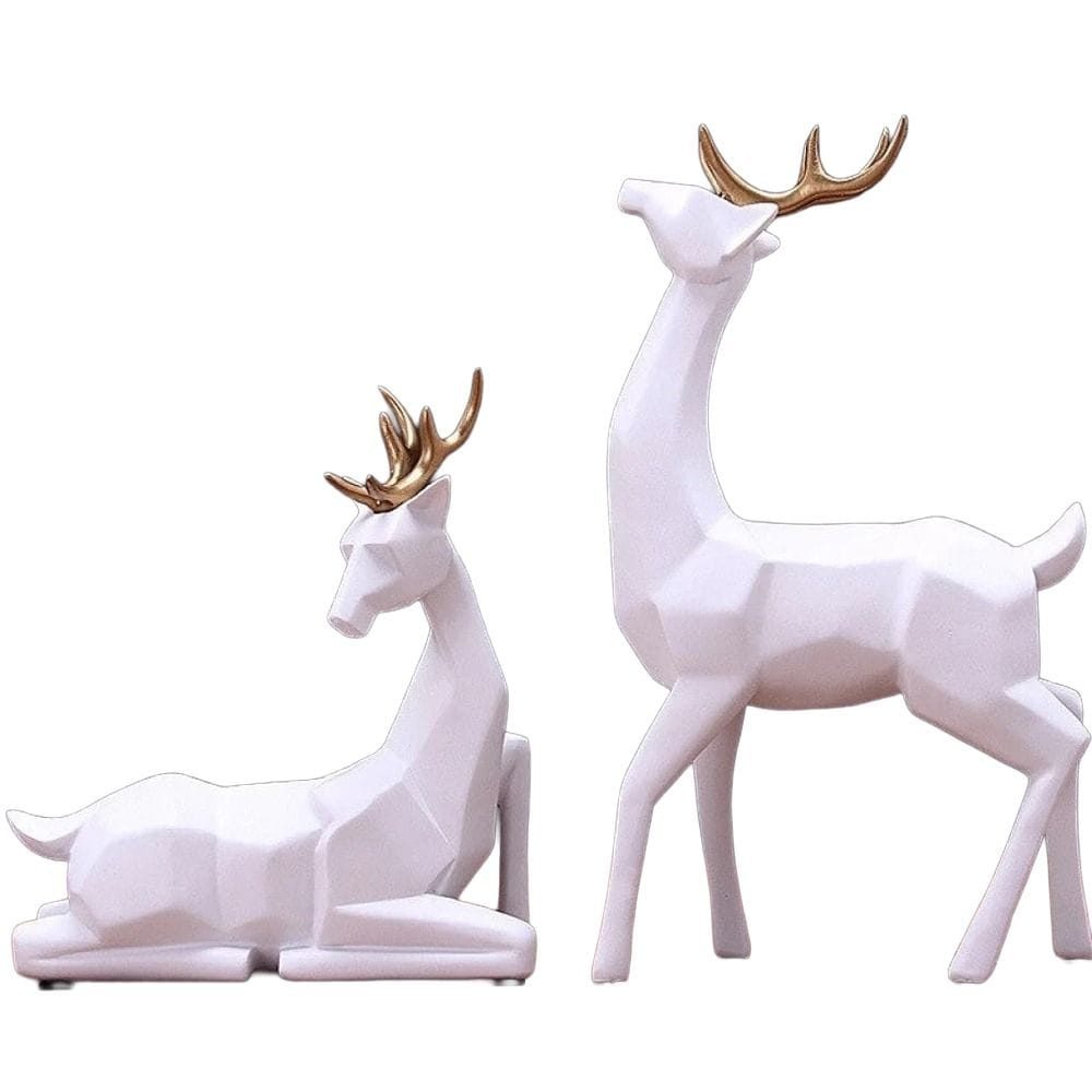 Luxury Signature White Deer Figurines Set, 2 Piece Decorative Resin Deer Statues with Gold Antlers, Modern Home Decor for Living Room, Office & Tabletop