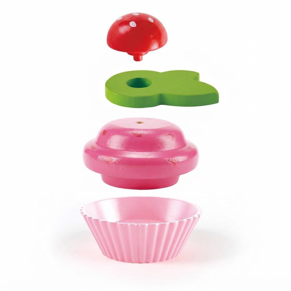 Hape Wooden Cupcake Set - 18-Piece Pretend Play Food Kitchen Toy with Colorful Toppings & Fruits
