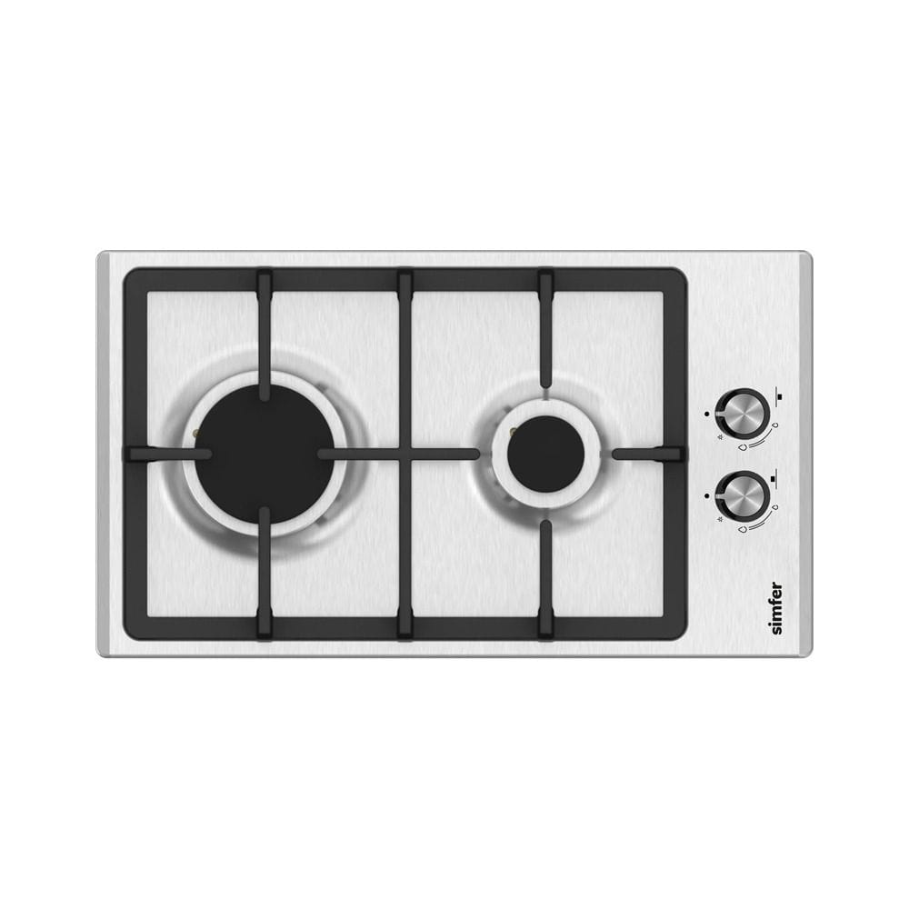 Simfer 30cm Built-In Gas Hob, 2 Gas Burners, Front Controls, Compact Domino Design, Stainless Steel Surface | Stainless Steel - SMFBHGFLT30