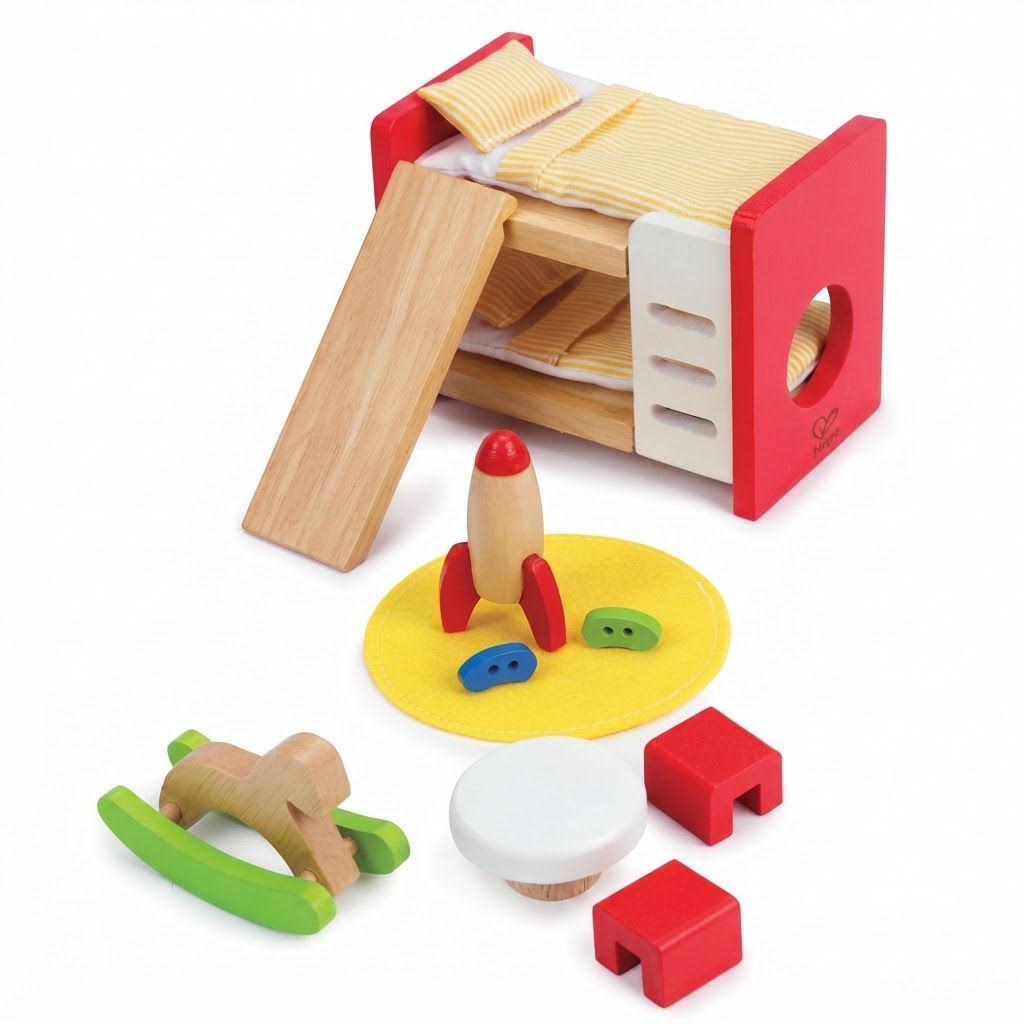 Hape Wooden Doll House Children's Room Furniture Set with Bunk Beds, Table, Chairs & Rocket, Red