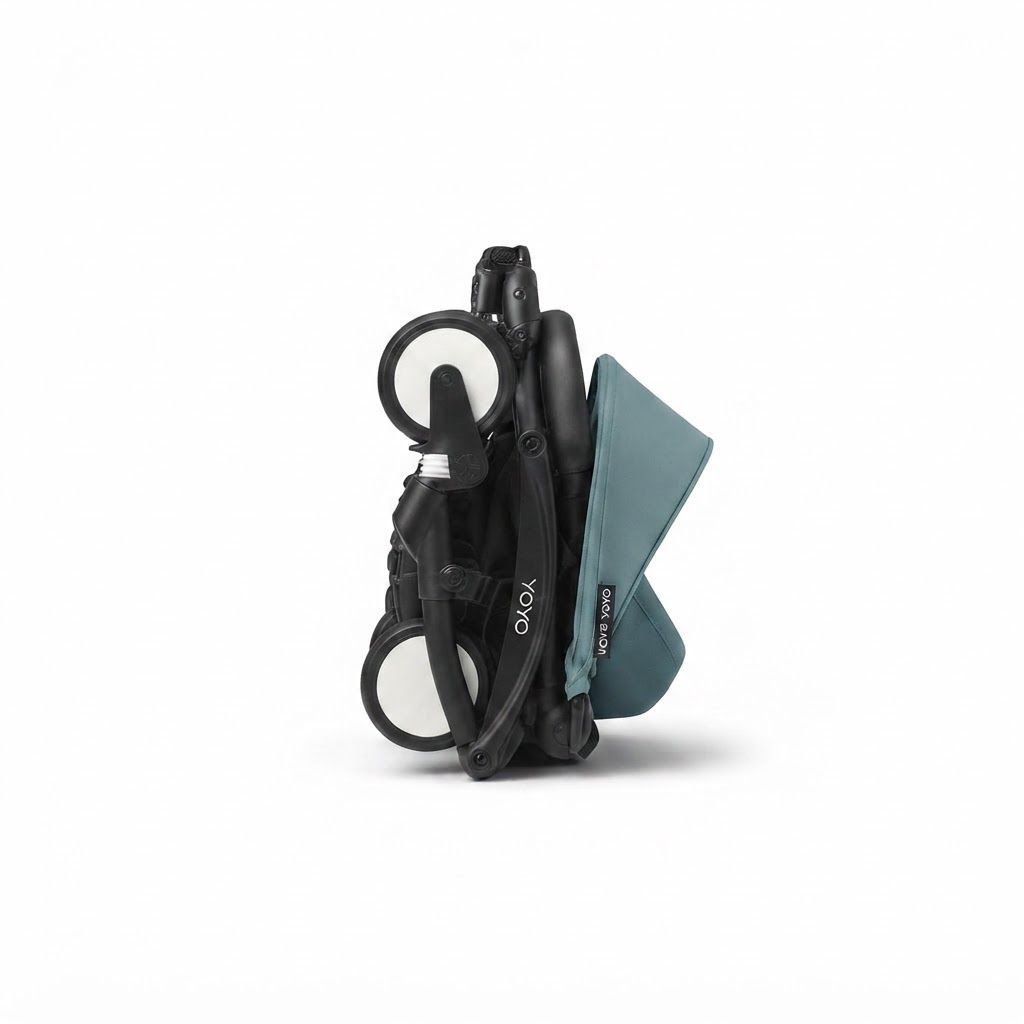 Stokke YOYO3 Newborn Stroller Pack 0+ with White Frame, Mattress & Canopy, Aqua - Ultra-Compact Travel System Allowing Newborns to Lie Completely Flat and Secure