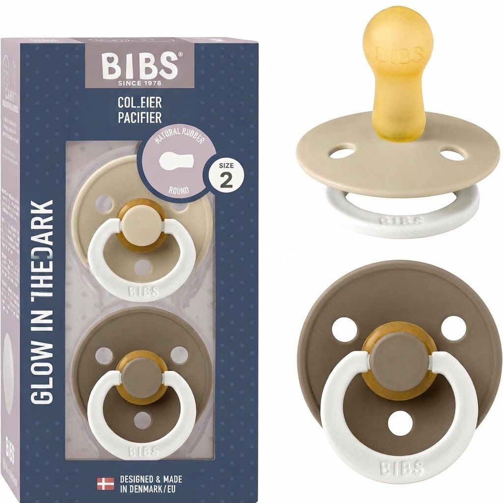BIBS Latex Colour Round Pacifier Size 2 6+ Months 2 Pack, Customized Comfort, Skin-Like Softness, Flexible And Durable - Vanilla Glow/Dark Oak Glow