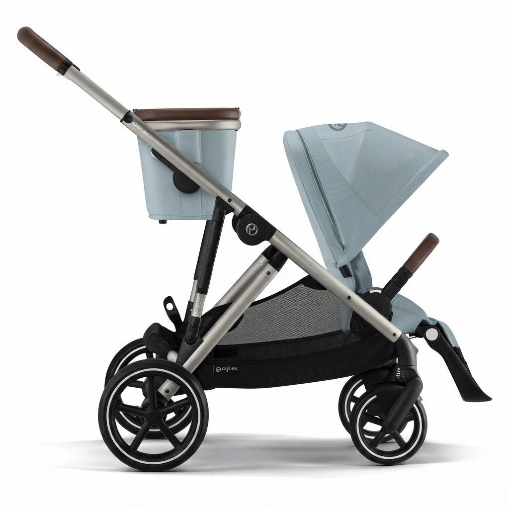 Cybex Gold Gazelle S Convertible Double Stroller, Taupe Frame, Stormy Blue Seat - Ergonomic Lie-Flat Seat, Double Shopping Basket, 20+ Configurations for Growing Families