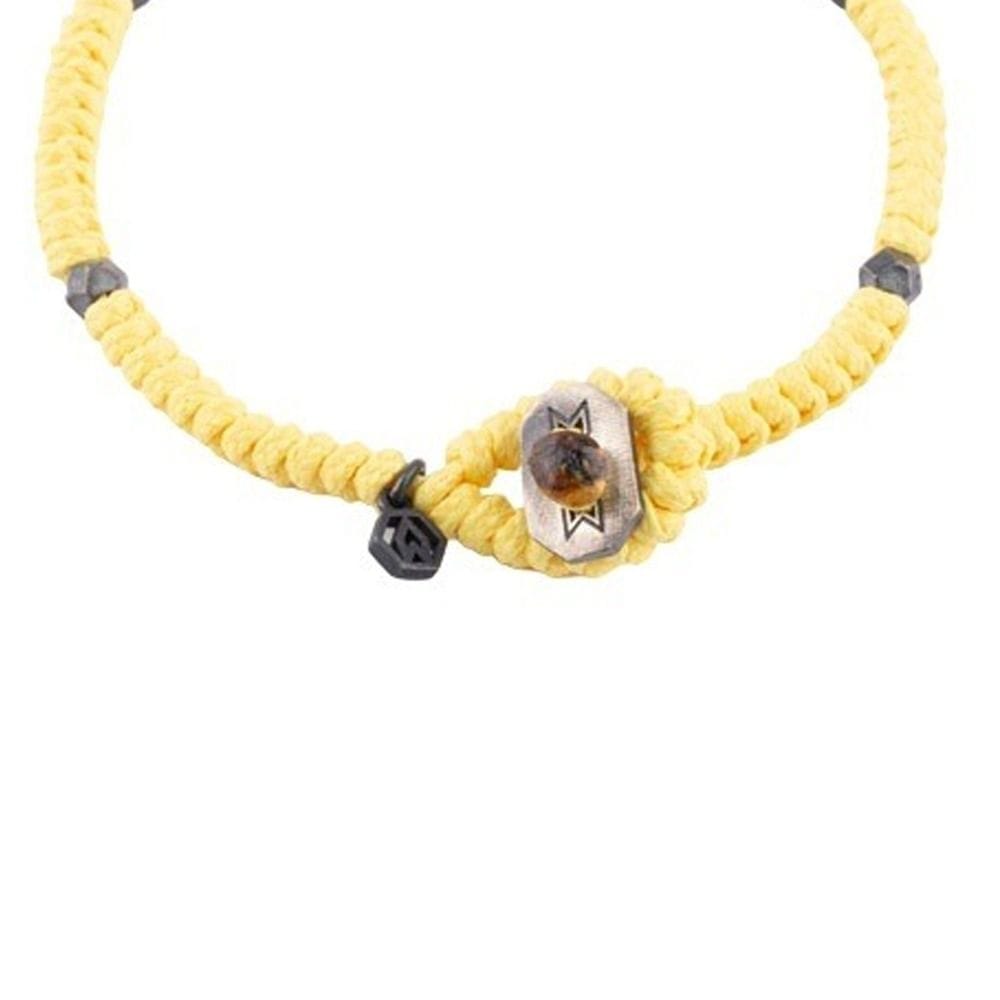 Atolyewolf Snake Knot Bracelet, Yellow Waxed Cord Design, Oxide Plated 925 Sterling Silver Octaballs, Button Closure & Logo