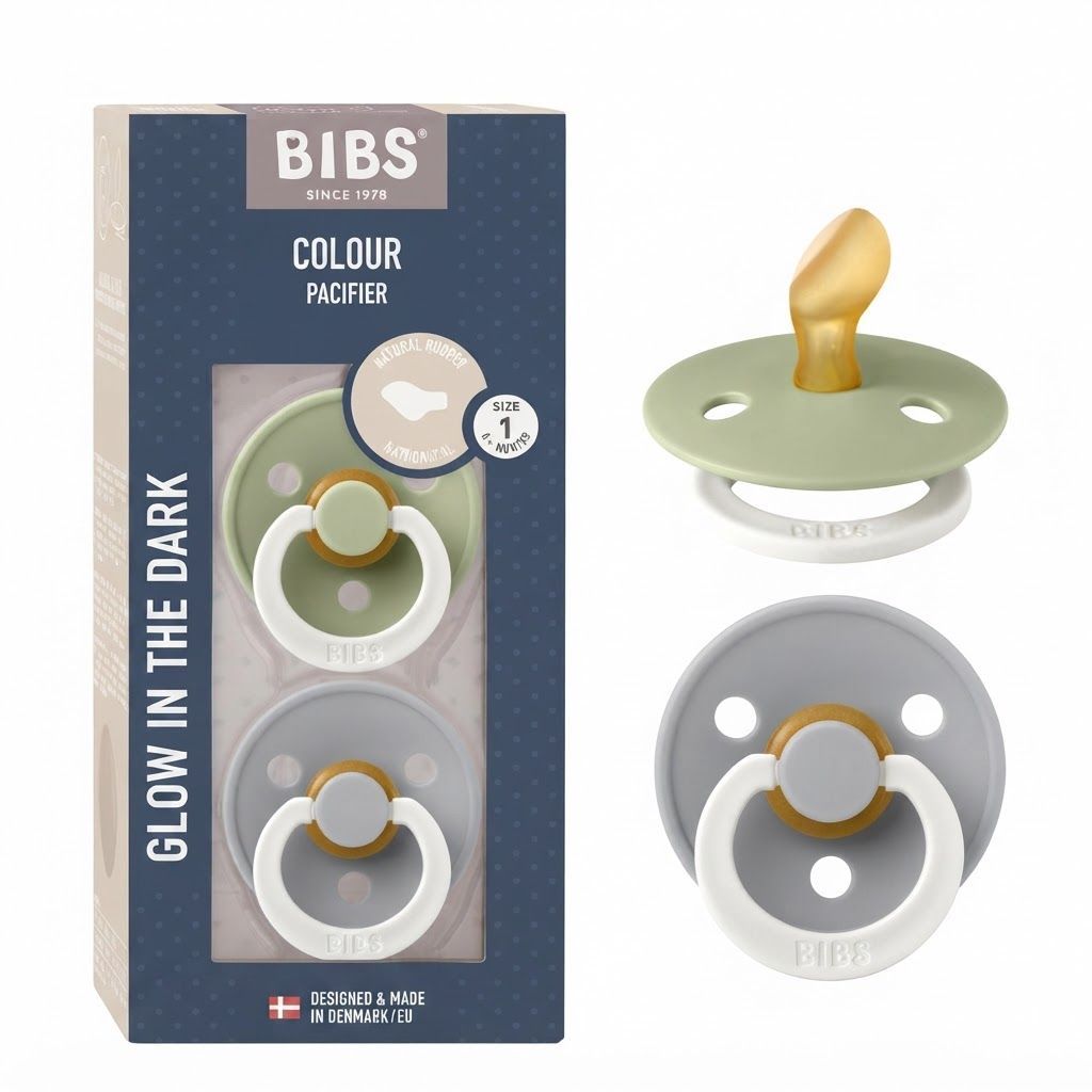 BIBS Latex Anatomical Pacifier Size 1 0-6 Months 2 Pack, Air Releasing Valve, Anti-Irritation Shield, Flexible And Durable Design - Sage/Cloud