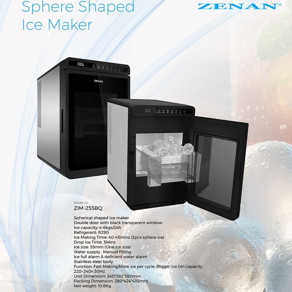 Zenan Spherical Ice Maker, 4-6kg/24hr Ice Production, Double Door, Stainless Steel, Transparent Window | Black - ZIM-255BQ