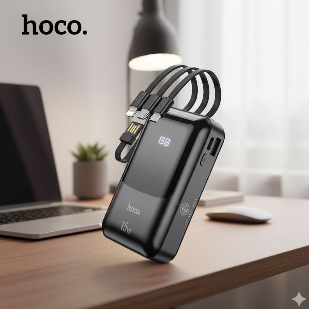 HOCO DB85 4-in-1 Power Bank 10000mAh, Built-in Charging Cables, Fast Charging Portable Battery Pack with LED Display - Black