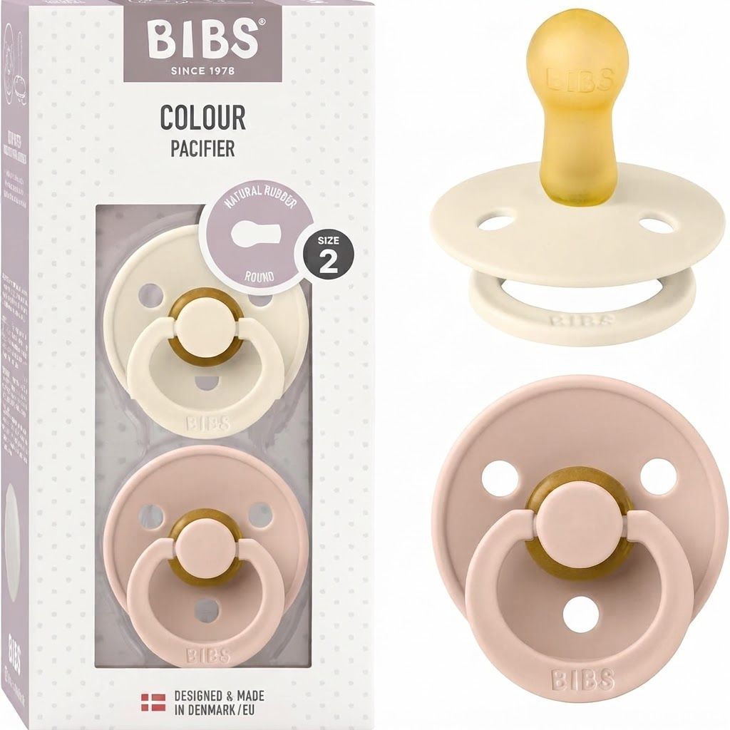 BIBS Latex Colour Round Pacifier Size 2 6+ Months 2 Pack, Customized Comfort, Skin-Like Softness, Flexible And Durable - Ivory/Blush