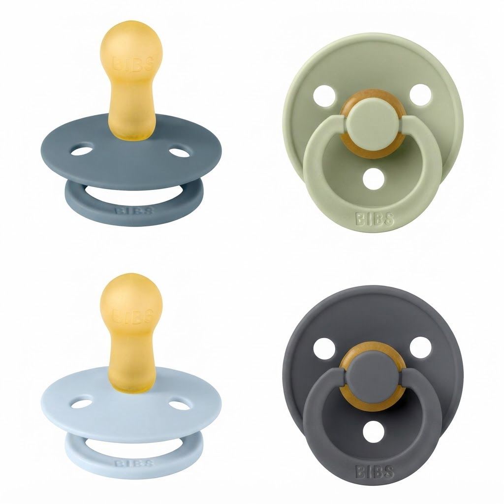 BIBS Colour Latex Pacifier Size 2 6+ Months 4 Pack, Air Releasing Valve Technology, Ventilation Holes For Better Airflow - Petrol/Sage/Baby Blue/Iron