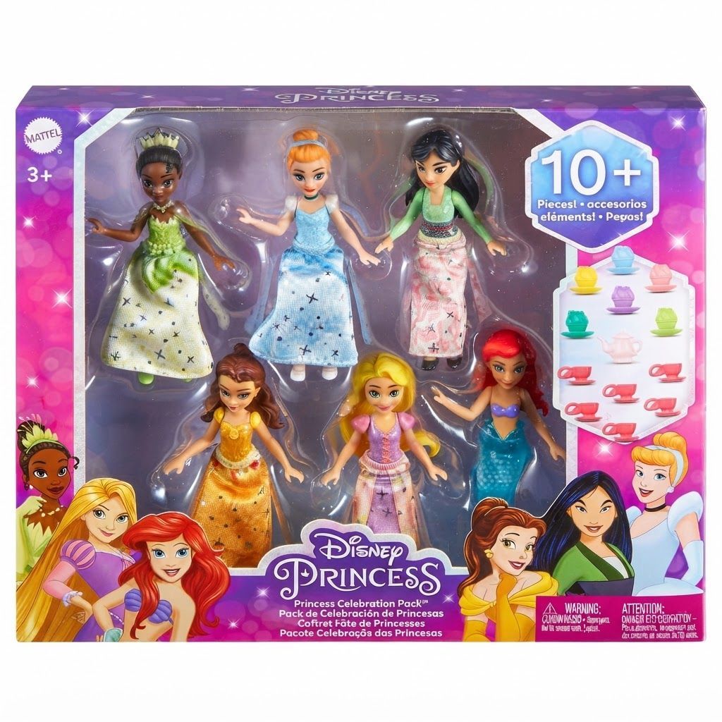 Mattel Disney Princess Tea Party Collection, 6 Posable Small Dolls with Sparkling Outfits & 13 Accessories