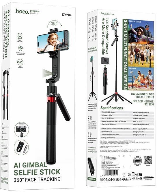 HOCO DYY04 Star Smart Face Tracking Gimbal Selfie Stick, 1.8m Extendable, AI Auto Tracking, Bluetooth Remote, Tripod - Black
