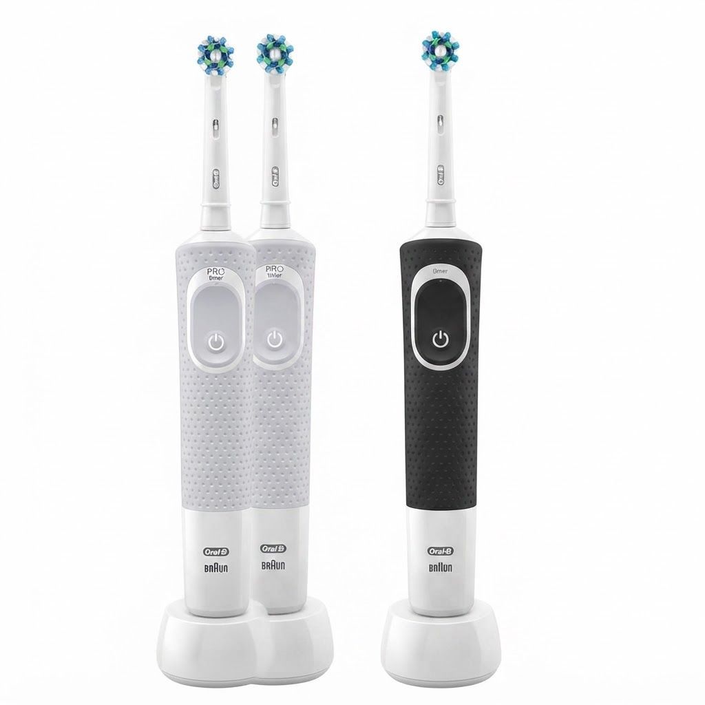 Oral-B Vitality D100 Electric Toothbrush Bundle, Black & White - 1+1 Free Set with CrossAction Brush