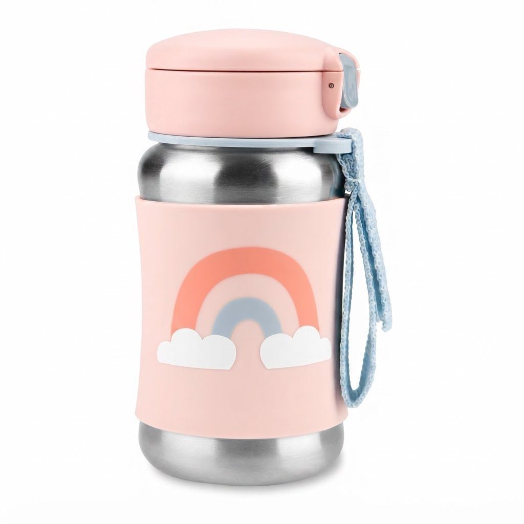 Skip Hop Rainbow Spark Style Stainless Steel Kids Straw Bottle 12+ Months 350ml, Comfortable No Slip Silicone Grip, Flexible Straw Flips - Multicolour