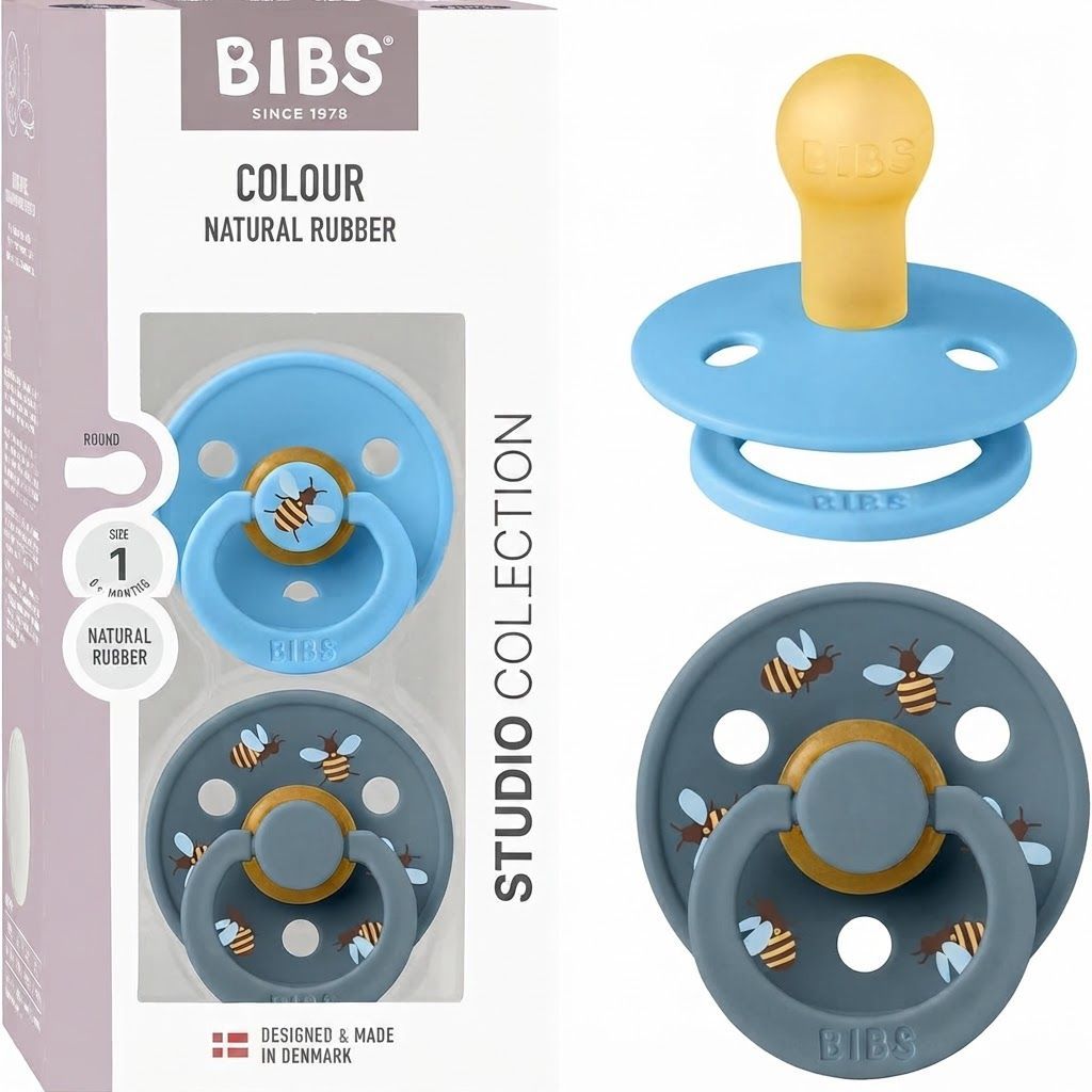 BIBS Bumblebee Studio Colour Latex Round Pacifier Size 1 0+ Months 2 Pack, Ergonomic Shield Design, BPA-Free And Safe Materials - Breeze/Petrol