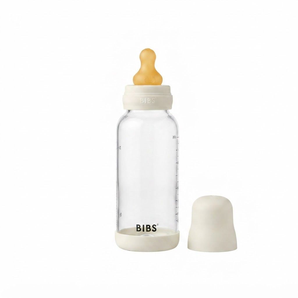 BIBS Round Latex Slow Flow Glass Baby Bottle 120ml, Natural Rubber Latex Nipple, BPA And PVC Free, Flow Controlled Feeding - Sage