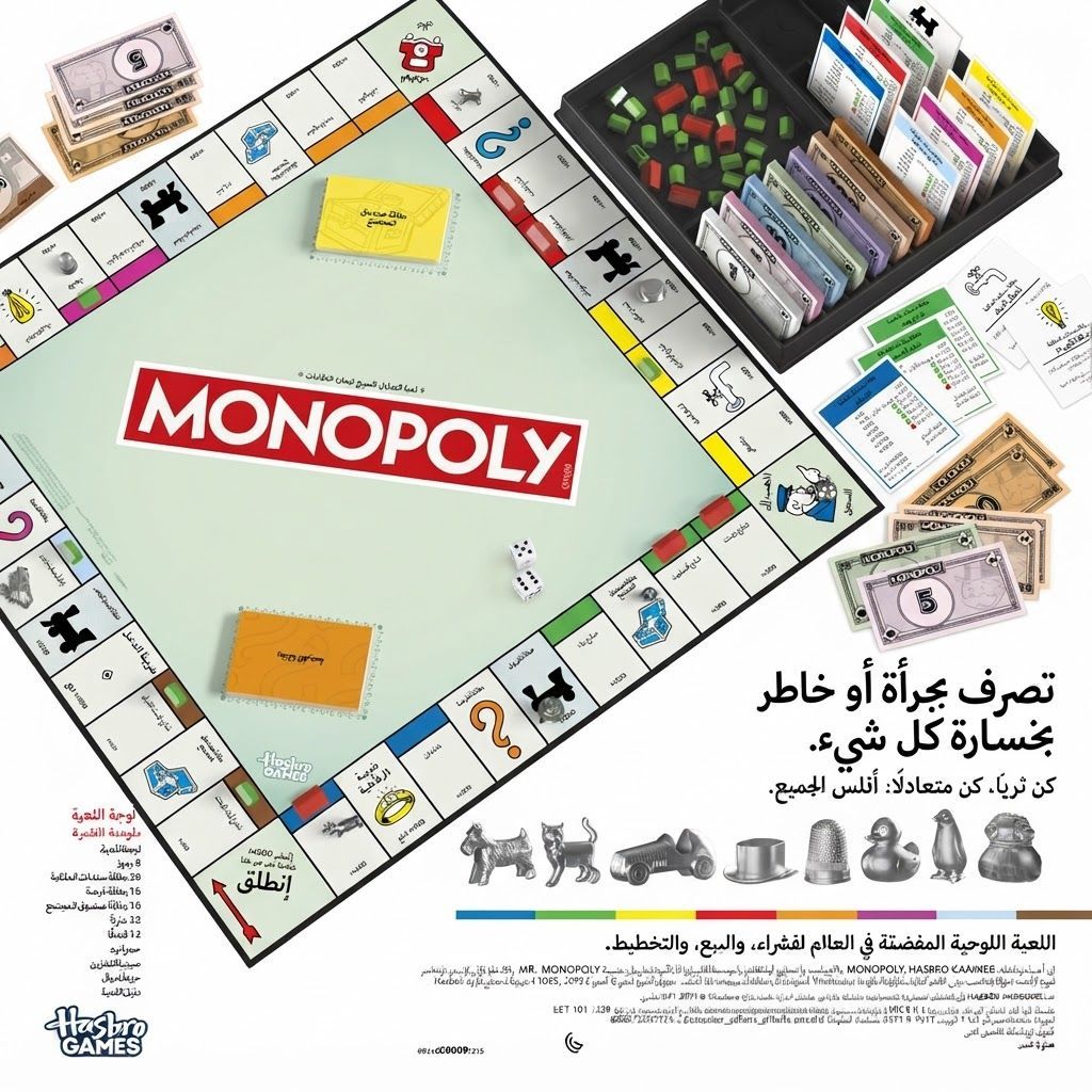 Monopoly Arabic Board Game - Classic Property Trading Game with Banker's Storage Tray, 8 Updated  2 to 6 Players