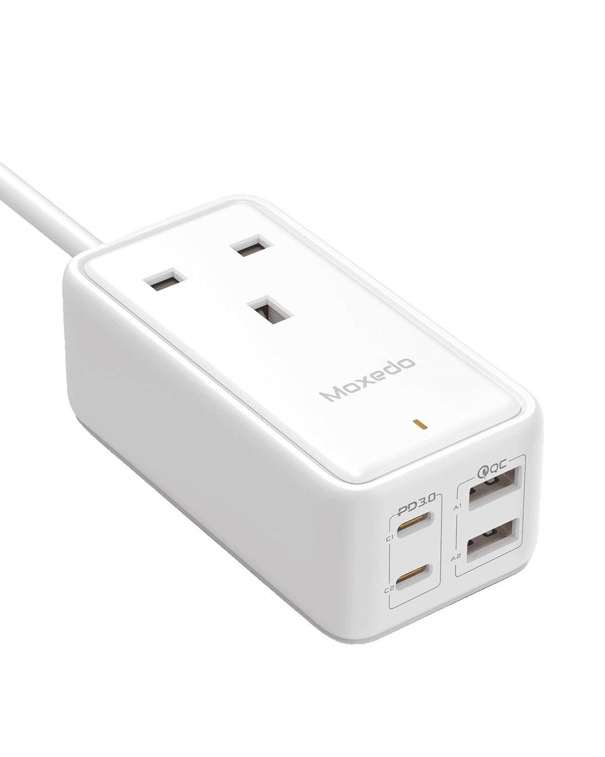سلك تمديد موكسيدو Smart-Plug بقوة 65 واط بتقنية GaN III - شاحن سريع 5 في 1 بتقنية PD 3.0 مع منفذ تيار متردد واحد، ومنفذي USB-A ومنفذي USB-C، وكابل بطول مترين