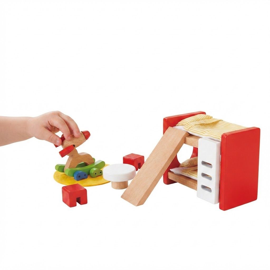 Hape Wooden Doll House Children's Room Furniture Set with Bunk Beds, Table, Chairs & Rocket, Red