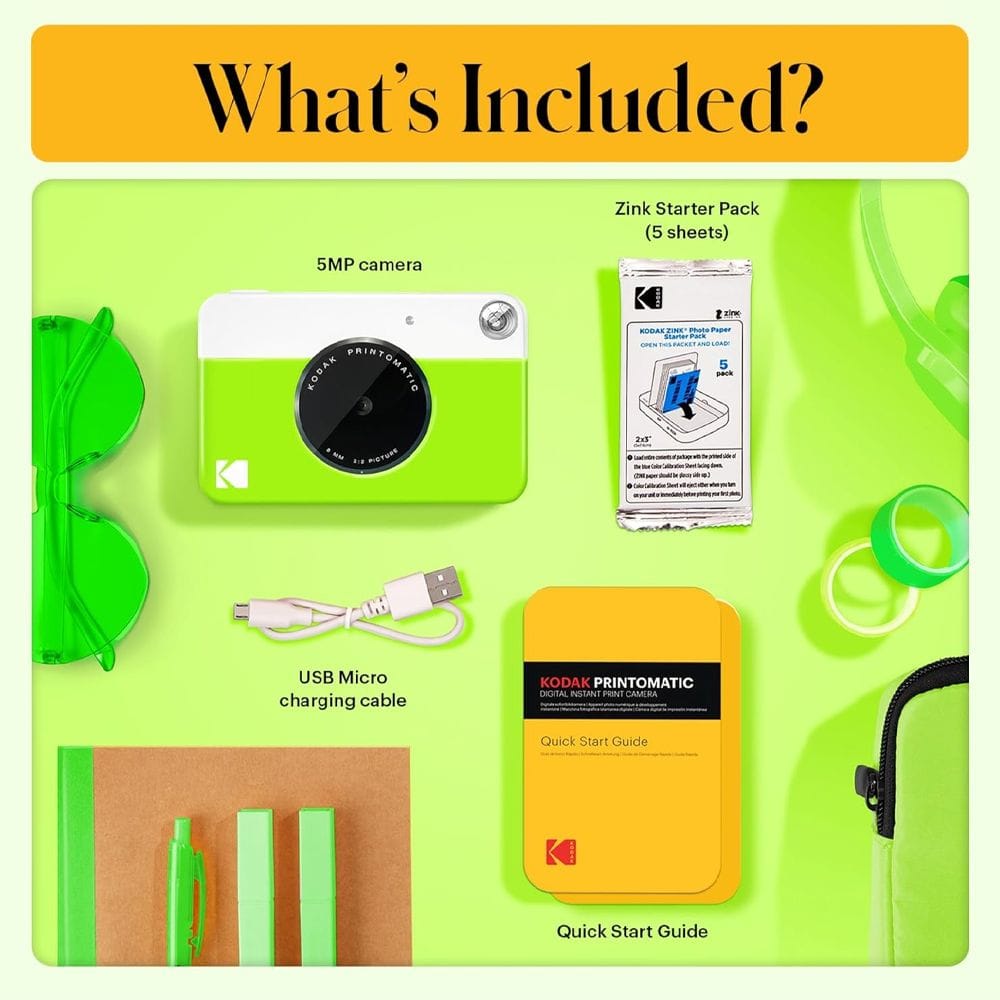 Kodak Printomatic Instant Print Camera, 5MP Sensor, Instant 2x3-Inch ZINK Photo Printing, Auto Flash, Optical Viewfinder & MicroSD Support | Green - 840102198508