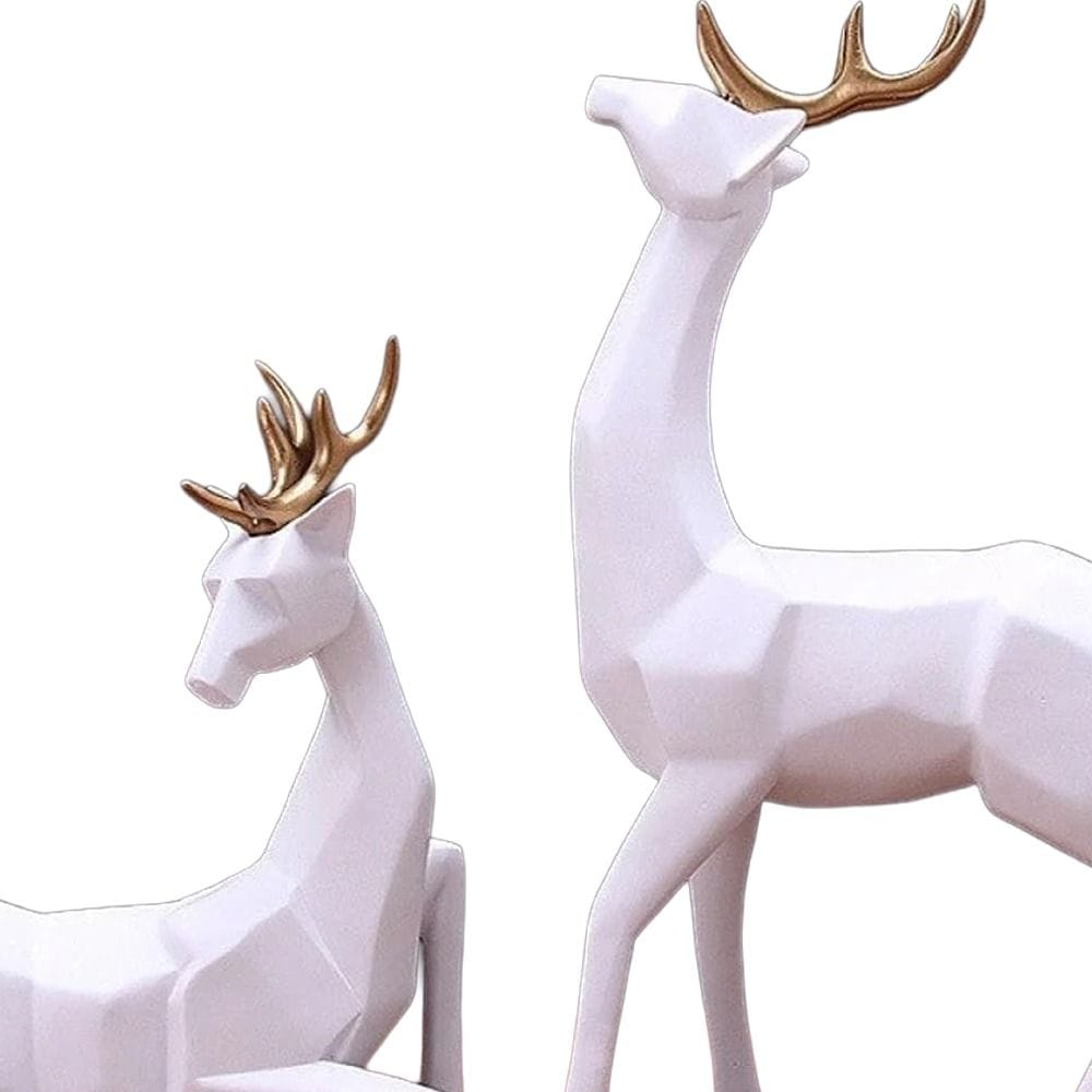 Luxury Signature White Deer Figurines Set, 2 Piece Decorative Resin Deer Statues with Gold Antlers, Modern Home Decor for Living Room, Office & Tabletop