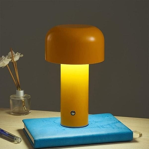 Luxury Signature Mini Mushroom LED Desk Lamp Yellow, 3W Metal & PC Body, 800mAh Rechargeable Battery, Compact Table Lamp