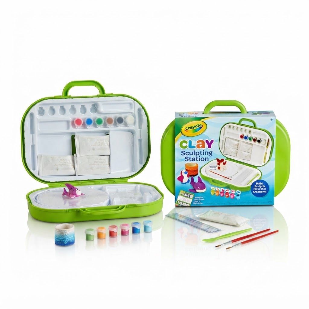 Crayola Clay Sculpting Station with Pottery Wheel, Kids Art Set for Boys & Girls Ages 6-9, Green – 6-9 Years, Air Dry Clay
