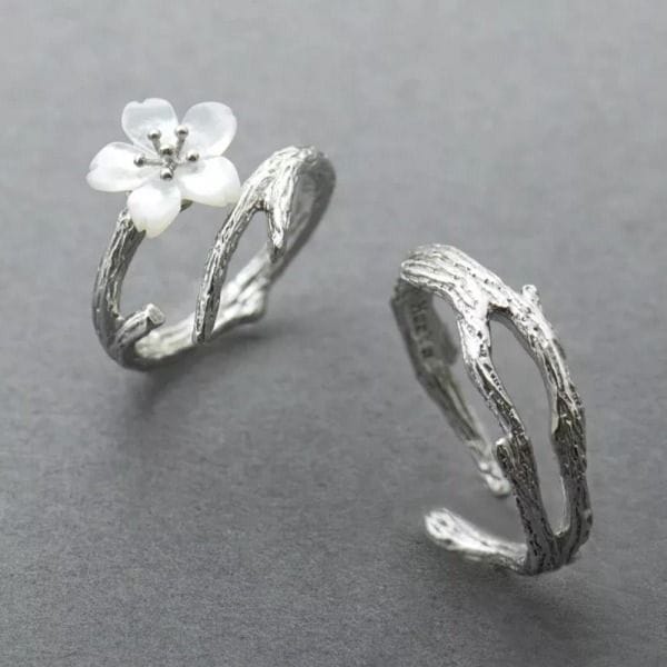 Luxury Signature Thaya White Cherry Blossom Couple Ring, 100% S925 Sterling Silver Adjustable Matching Rings