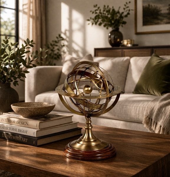 Luxury Signature Vintage Brass Armillary Sphere, Decorative Astronomical Globe with Wooden Base, Classic Tabletop Ornament for Home