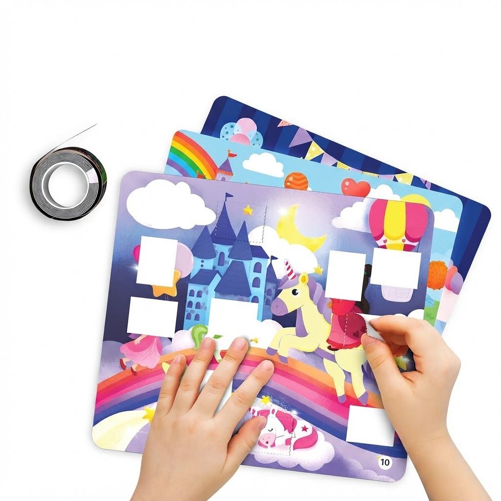 Skillmatics Tape It Unicorn & Princess Sticker Puzzles, 16 Interactive Picture Puzzles for Kids, Multicolour