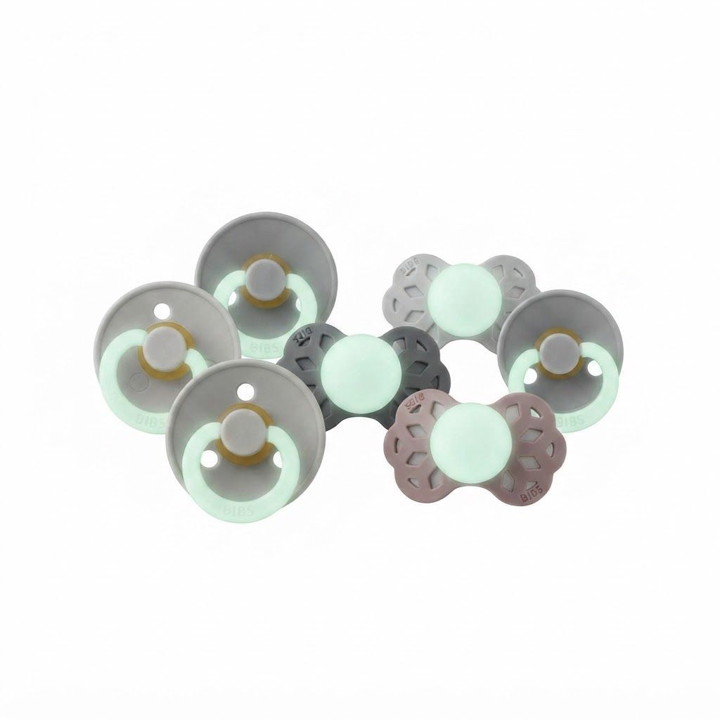 BIBS Latex Colour Round Pacifier Size 2 6+ Months 2 Pack, Customized Comfort, Skin-Like Softness, Flexible And Durable - Vanilla Glow/Dark Oak Glow