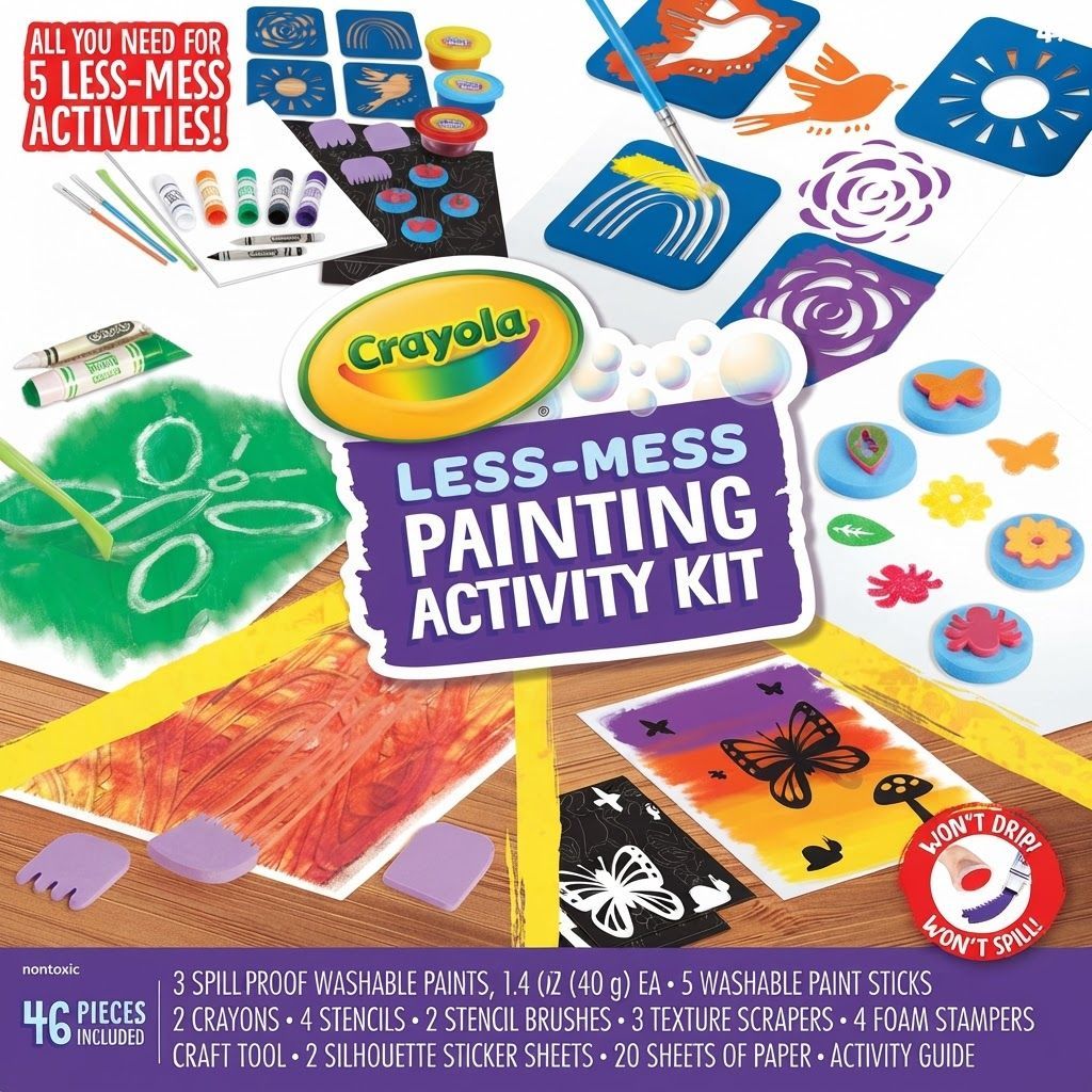 Crayola Less Mess Painting Activity Kit, 46-Piece All-in-One Art Set with Washable Paint Sticks – 4 years and up, 5 Paint Sticks, 3 Spill-Proof Paints, 1 Black Crayon, 1 White Crayon, 2 Brushes, 4