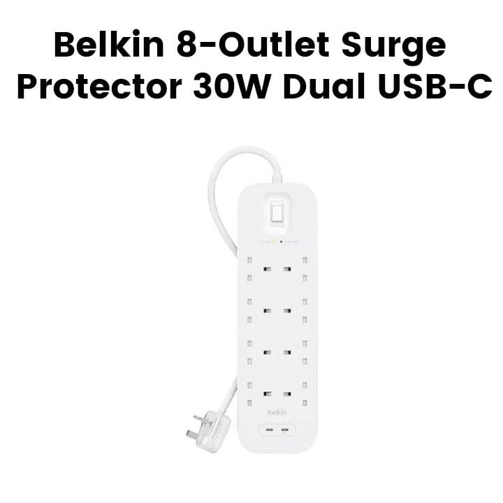 واقي تيار بيلكن بثماني منافذ مع منافذ يو إس بي – أي ويو إس بي – سي بقدرة 18 واط (سلك بطول 2 متر) | أبيض | SRB003AR2M