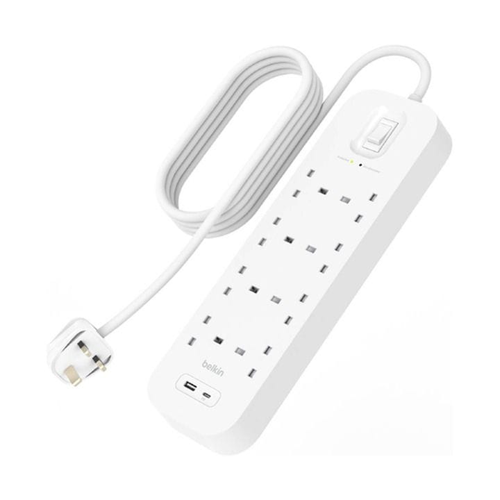 واقي تيار بيلكن بثماني منافذ مع منافذ يو إس بي – أي ويو إس بي – سي بقدرة 18 واط (سلك بطول 2 متر) | أبيض | SRB003AR2M