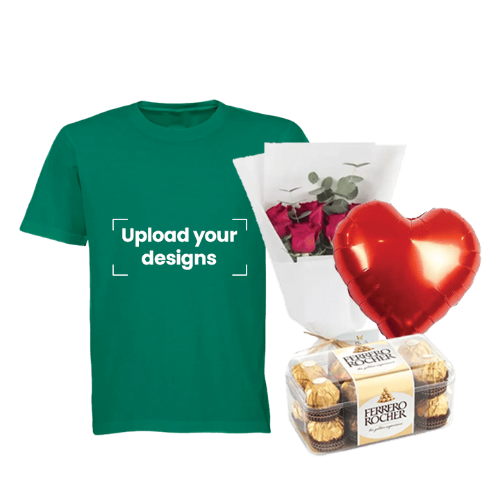 Green T-Shirt Bundle (Personalized Green T-Shirt, Flowers, Balloon & Chocolate)-Small