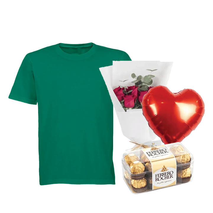 Green T-Shirt Bundle (Personalized Green T-Shirt, Flowers, Balloon & Chocolate)-Small