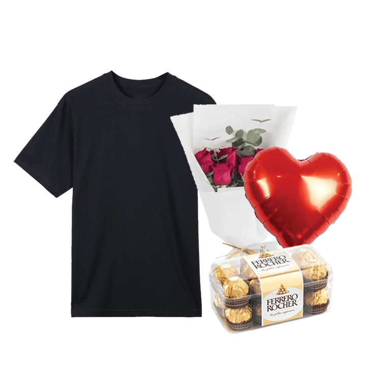 Black T-Shirt Bundle (Personalized Black T-Shirt, Flowers, Balloon & Chocolate)-Small