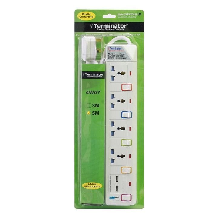 Terminator Universal Power Extension Socket with 2 USB Ports 5M White | TPB-914