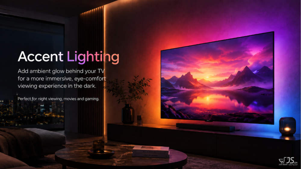 Accent lighting glowing behind a television at night