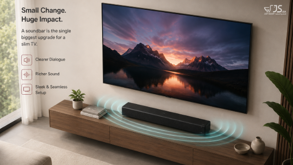 Soundbar placed below a wall-mounted television