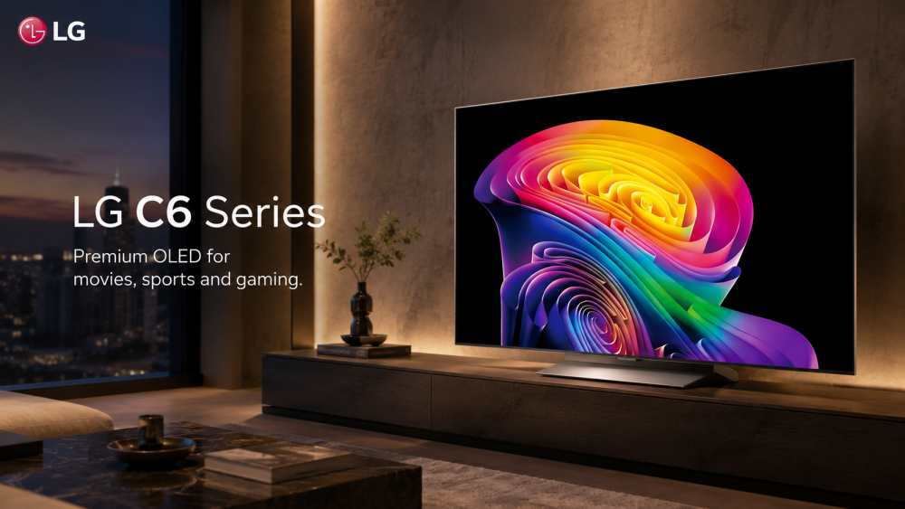 LG OLED C6 Series TV on a stand in a living room