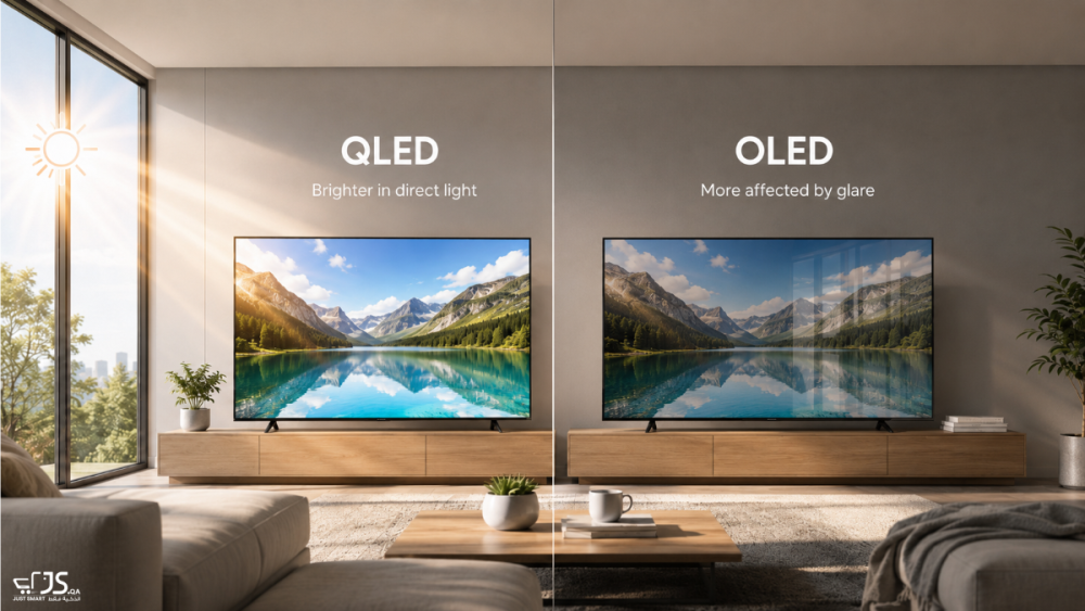 Bright living room with large windows and a TV screen in daylight