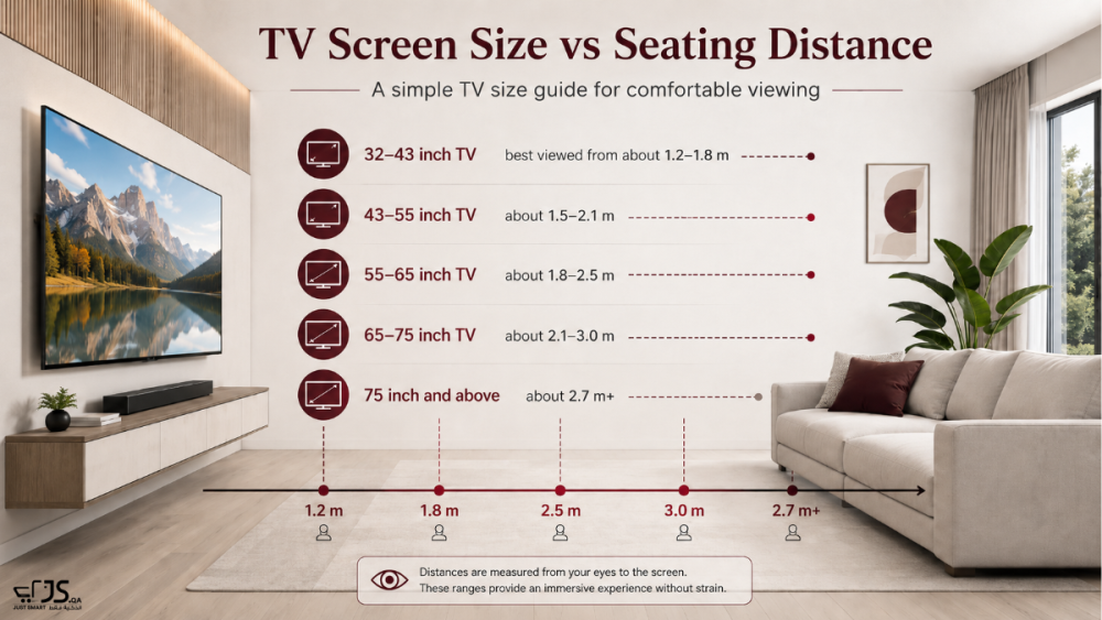 Illustration comparing TV screen sizes against seating distance in a room