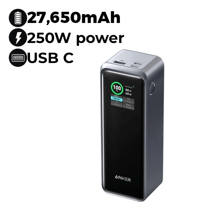 Anker Prime Power Bank 27650mAh 250W - 3 Ports USB-C, Charge Rapide, Noir