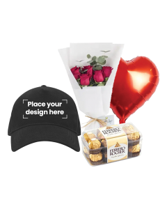 Cap Bundle (Personalized Printed Black Cap, Flowers, Balloon & Chocolate)