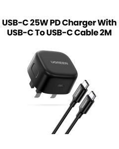 UGREEN USB-C 25W PD Charger with C-C 2M Cable | Black | UG-AC-USBC-CD250-25W-CBL-C-BLK