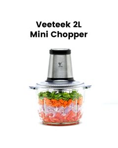 Veeteek 2L Mini Chopper 500W Stainless Steel Body with Glass Bowl – Black | MC410A-CB