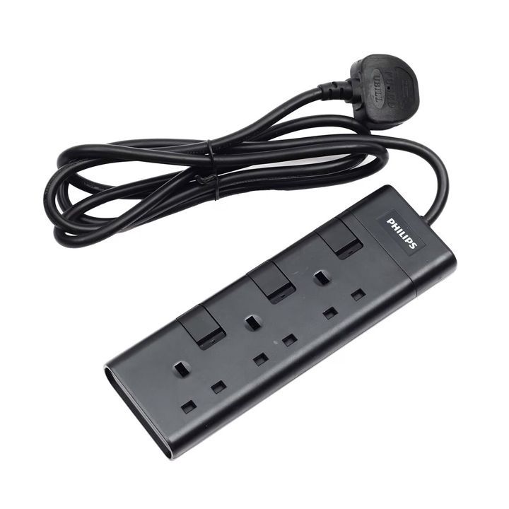 فيليبس وصلة تمديد كهربائية 3 مخارج بمفتاح فردي قابس المملكة المتحدة - سلك 2 متر - أسود (SPN2932BA/56)