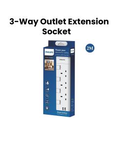 Philips 3-Way Outlet Extension Socket Individual Switch BS Plug 2Mtr Cord - White (SPN2934WA/56)